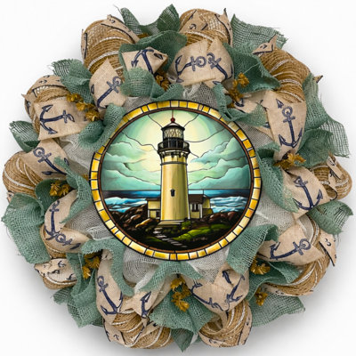 Nautical Coastal Mosaic Look Turquoise Lighthouse Wreath