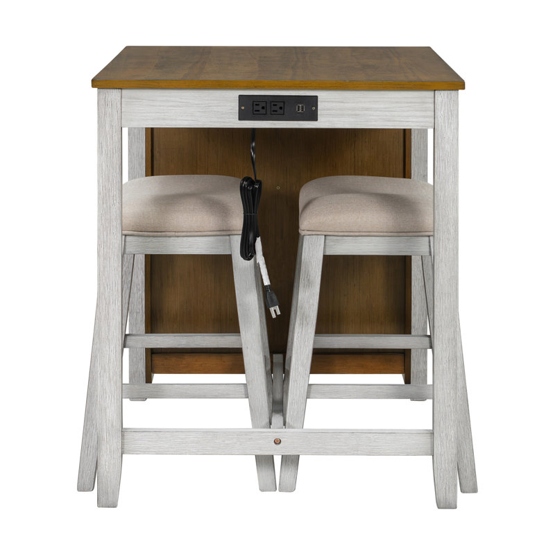 Ensemble de table de bar de 36 po de hauteur avec prise de courant, table basse industrielle avec 2 tabourets rembourrés, ensemble de 3 tables de bar et chaises pour le salon, la salle à manger, brun