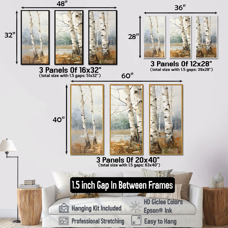 Minimalisme Tree Birchs Breath - ensemble de salon d'art mural en bouleau, Cadre flottant noir, H 32 po x l 48 po x P 1 po