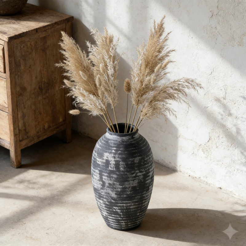 Farmhouse Rustic Ceramic Vase, 10.6 Inch Textured Gray-White Handmade Pottery For Home Decor, Modern Weathered Terracotta Vase For Coffee Table, Mantel, And Shelf