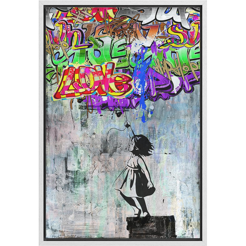 Petite fille étiquetant Banksy sur toile, H 24 po x l 16 po, Reproduction avec cadre flottant, Blanc