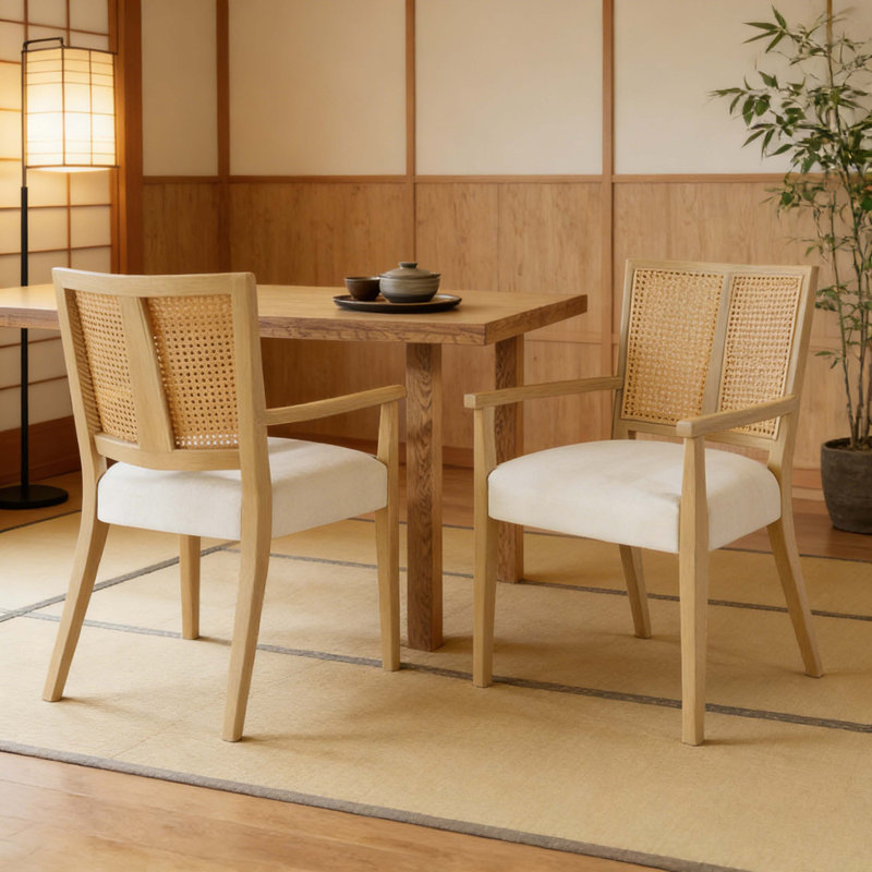 Ensemble de chaises de salle à manger en rotin avec accoudoirs et cadre en frêne avec revêtement en tissu beige, bois d'hévéa massif, cuisine de campagne moderne et chaises de salle à manger