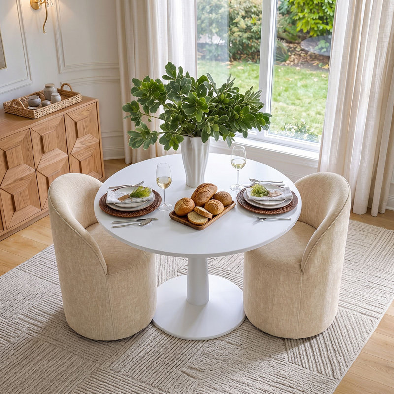 Ensemble de table de salle à manger pour 2 personnes avec table ronde et 2 chaises pivotantes en chenille rembourrées, Brie