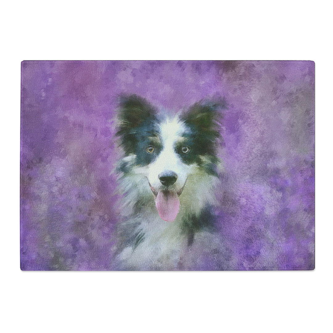 Tempered Glass Border Collie in the Purple Flowers Chopping Board