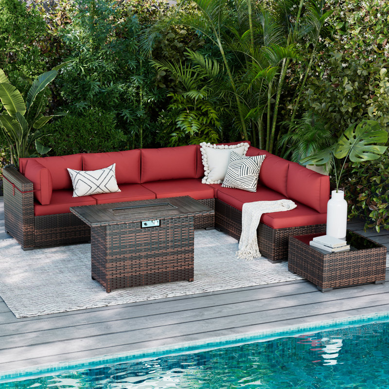 Benboe 6 - Person Patio Conversation Set with Cushions, Brown Frame/Burgundy Cushion