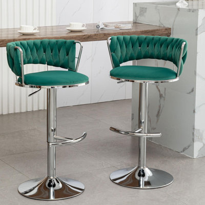 Swivel Bar Stools Set of 2, Counter Height Bar Stools with Low Back, Adjustable Height Barstools, Velvet Bar Stools for Kitchen Island, Pub (Green)