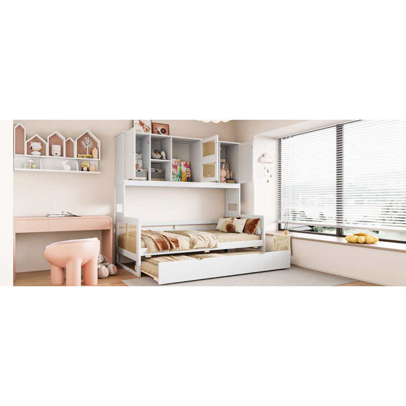 Lit de jour en bois avec lit gigogne, armoire et tablette tout-en-un, Simple, Blanc
