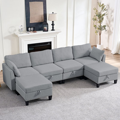 Canapé modulaire en lin avec repose-pieds