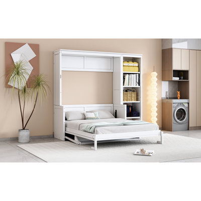 White Full Size Bed With Desk And Storage For Fishing Equipment  Small , Pine Wood , Fold - Up Design Kitchenware Composition, Foldable Space