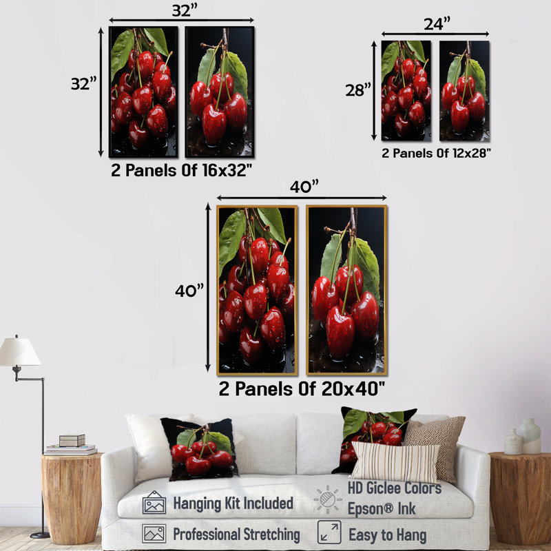 Ensemble de 2 fruits décoratifs à motif de fruits cerises délicieuses I, H 28 po x l 25 po, Cadre noir
