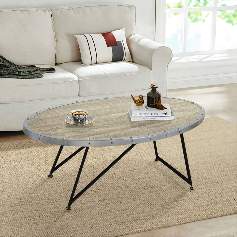 Table basse ovale avec placage en chêne gris patiné et structure en métal noir