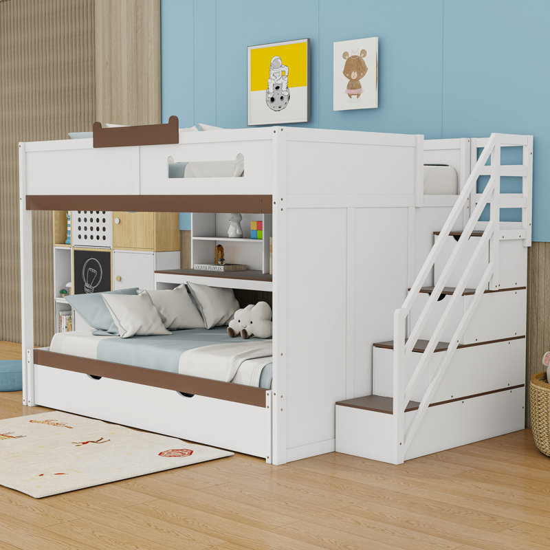 Lit superposé double au-dessus de double avec tablettes de rangement et éclairage DEL réglable, Blanc