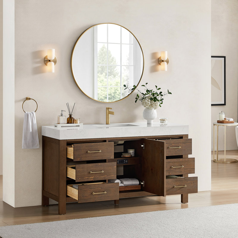 Ensemble de meuble-lavabo simple 60 po Arrington, Blanc, Fir Wood Black, Doré