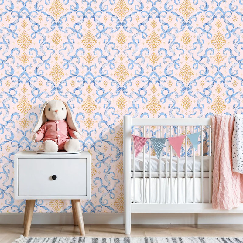 Papier peint auto-adhésif à motif de ruban damassé rétro bleu pâle et adhésif rose pâle et adhésif, L 118,08 po x l 17,7 po