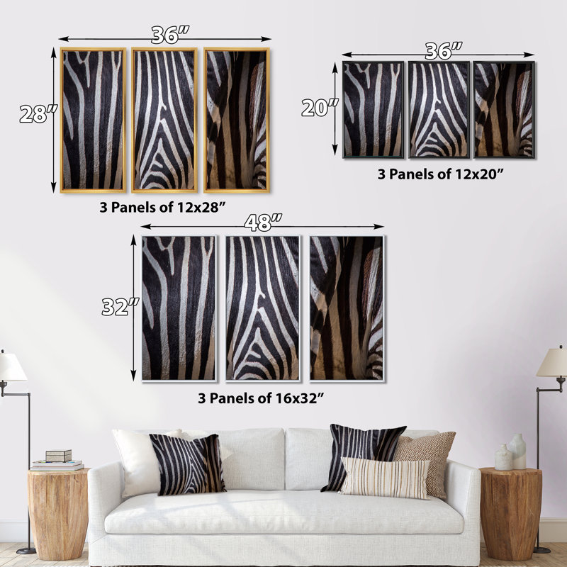 Structure noire et blanche de peau de zèbre - 3 pièces, reproduction sur toile, H 28 po x l 36 po x P 1 po, Cadre blanc