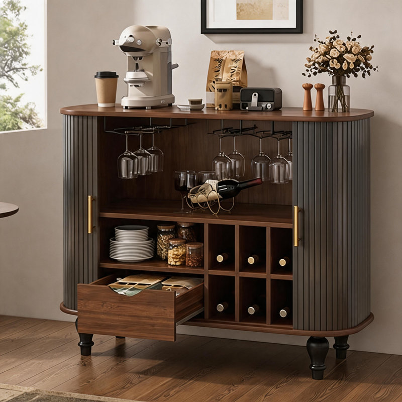 Bar 39 "Mid-Century avec cannelures et porte-bouteilles, Noir
