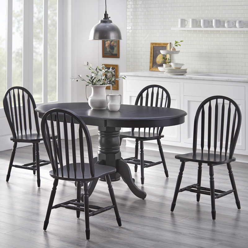 Kaneshiro Solid Wood Top Pedestal Dining Set, 5 Pieces: Table, 4 Chairs, Black