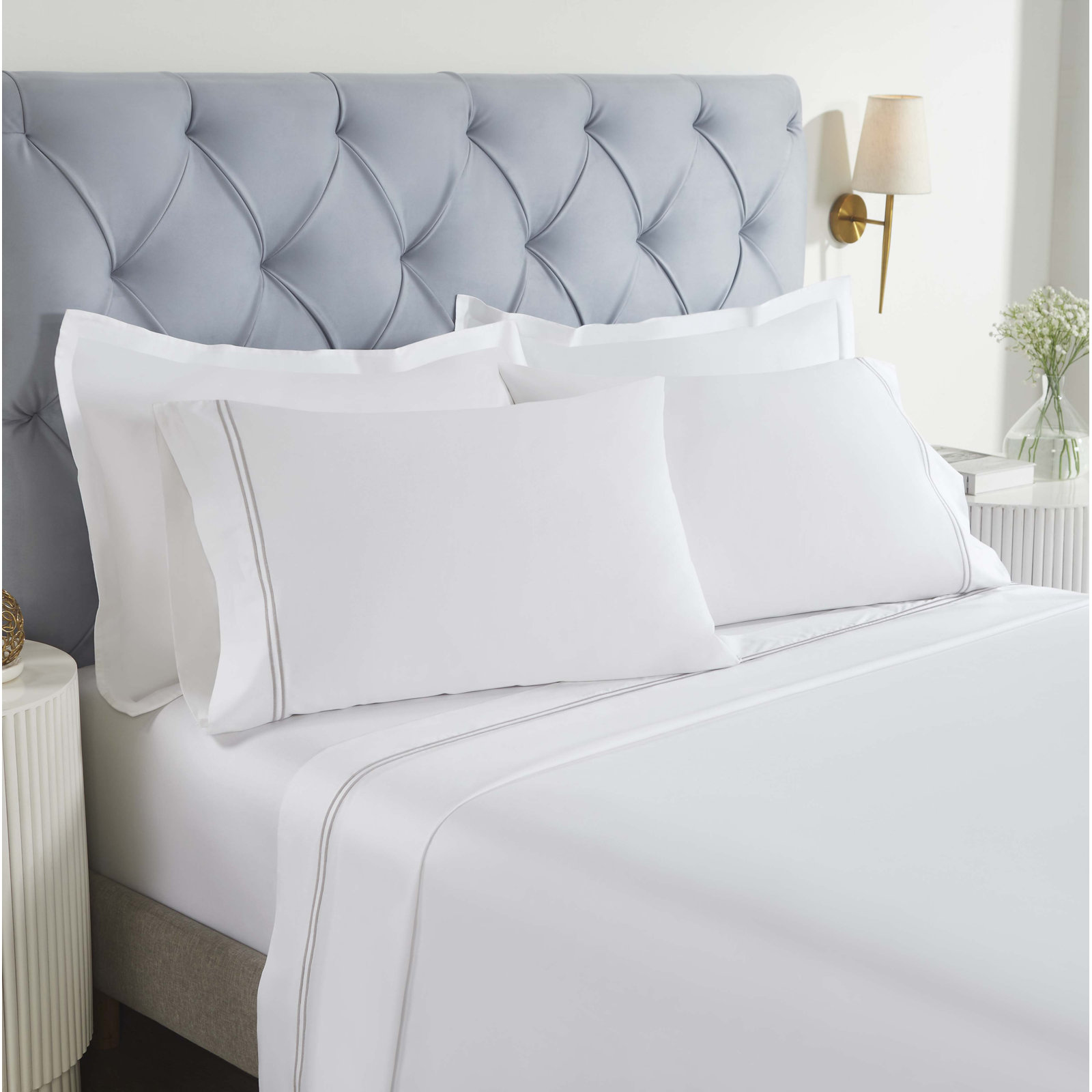 Fieldstone Cotton Two-Line Embroidered Deep Pocket Bed Sheet Set, Twin XL Sheet Set with 1 Pillowcase, White/Silver