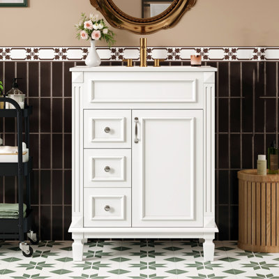 Meuble-lavabo de 24 po en céramique, meuble-lavabo compact, meuble de style moderne avec tiroirs doubles et tablettes réglables, blanc