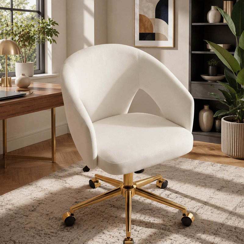 Fauteuil de bureau réglable, chambre à coucher à domicile, fauteuil pivotant ergonomique, siège à dossier, siège confortable, base dorée, blanc