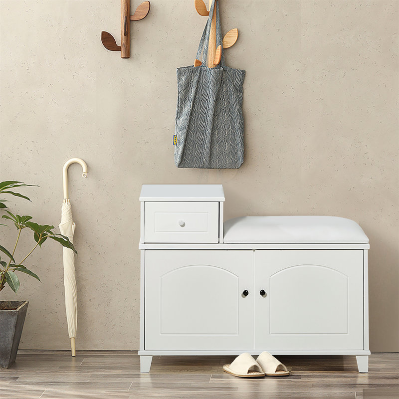 Banc de rangement blanc pour chaussures avec coussin ignifuge, tablettes réglables, portes doubles et tiroir mobile pour optimiser l'espace d'entrée