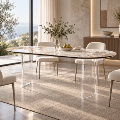79" Sintered Stone Dining Table with Clear Acrylic Double-Pedestal Base