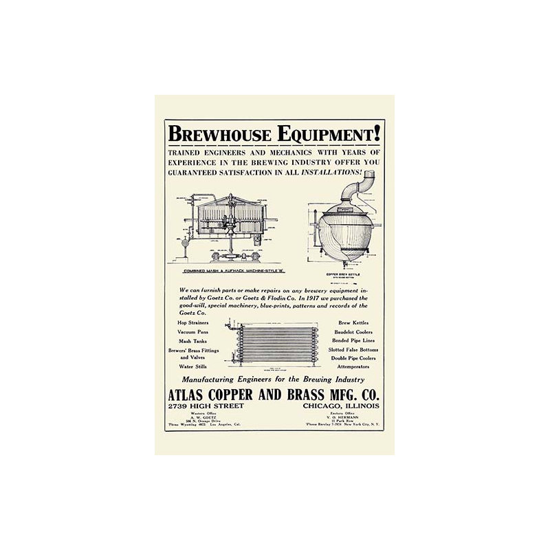 « brewhouse equipment », affiche rétro, H 30 po x l 20 po
