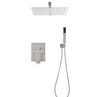 Ceiling Mounted Shower System In Brushed Nickel With Handheld And 10" Head - Recreates Natural Rainfall, Self-Cleaning Nozzle, Agrees American Standard Pipe Installation Specifications, Wall Produces