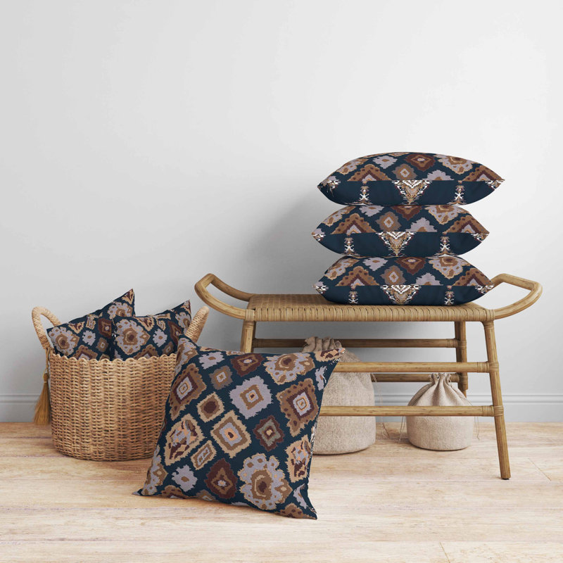 Oreiller imitation daim Ikat Diamond, Bleu/brun, Carré 16 po