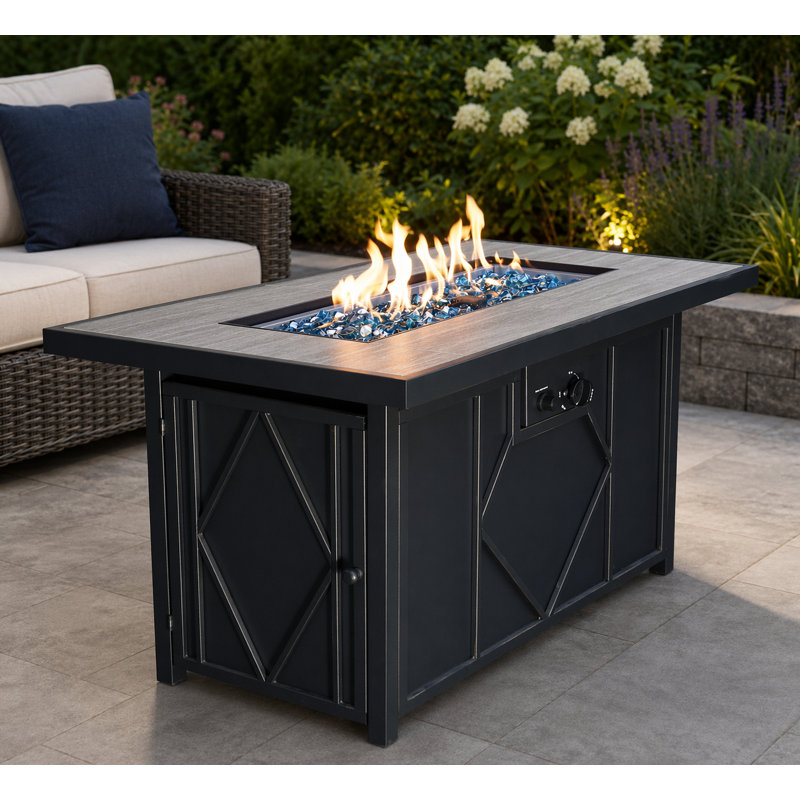 42" Rectangular Steel Propane Fire Pit Table with Hidden Tank, Tile Top & 60,000 BTU Burner – Black