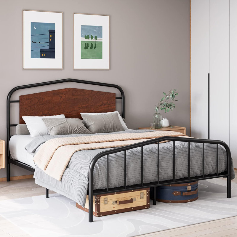 Queen Size Metal Bed Frame with Wooden Headboard, Queen