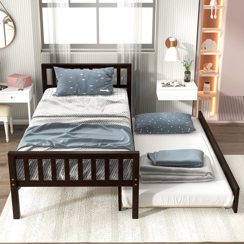 Lit simple avec lit gigogne, cadre de lit plateforme avec tête et pied de lit, pour un petit espace de vie dans la chambre à coucher, aucun sommier nécessaire, espresso
