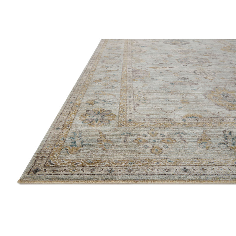 Sky & Gold Floral Washable Wool-Blend 3'6" x 5'6" Rectangular Rug
