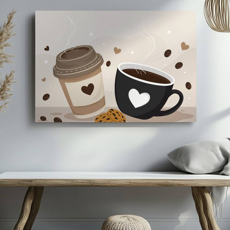 Toile, une illustration fantaisiste mettant en vedette deux tasses à café stylisées, l'une dans un art mural brun clair avec un motif en forme de cœur et l'autre dans un art mural sur toile