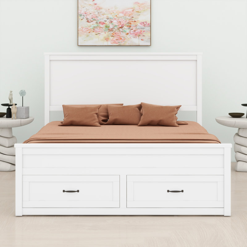 Structure de lit en bois avec tiroirs et support en lattes de bois, Blanc