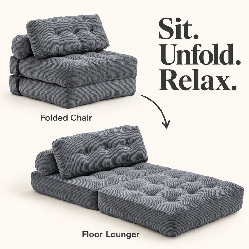 Compression 35"W Medium Corduroy Bean Bag Chair,fold floor Bean Bag sofa bed, Gray