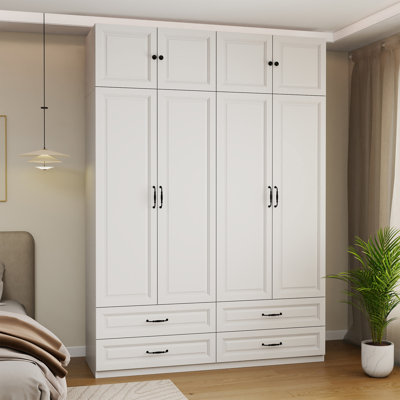 Modern Armoire Wardrobe Closet With 4 Drawers: 89" Bedroom Wardrobe Cabinet With 4 Doors, Wood Armoire With Hanging Rod, Storage Armoires With Shelves