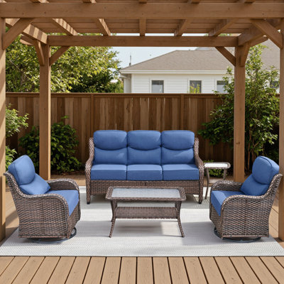 5-Piece Outdoor Wicker Patio Thick Cushion Sofa And Swivel Chairs Set With Coffee Table