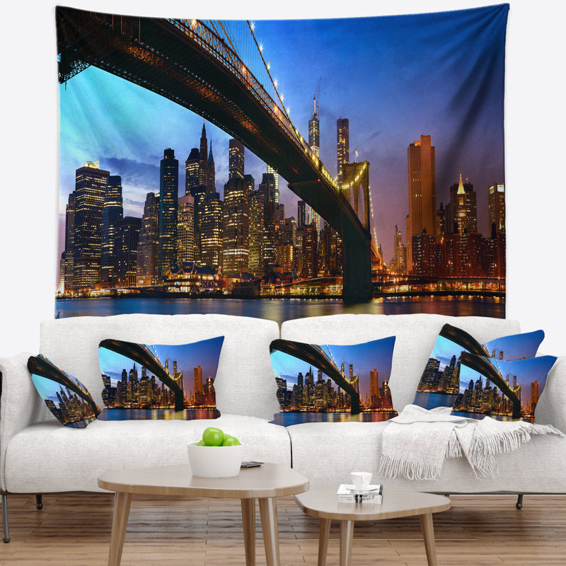 Tapisserie bleu ciel en polyester cityscape manhattan city bridge avec accessoires suspendu inclus, H 78 po x l 92 po