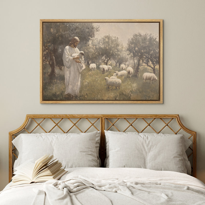 Reproduction d'art sur toile encadrée, "Jesus and the Lamb", H 16 po x l 24 po, Naturel