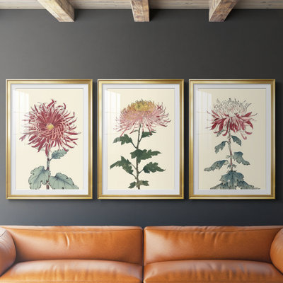 «Chrysanthemum Woodblock I», impression encadrée sur mesure de qualité supérieure, mat, 3 pièces