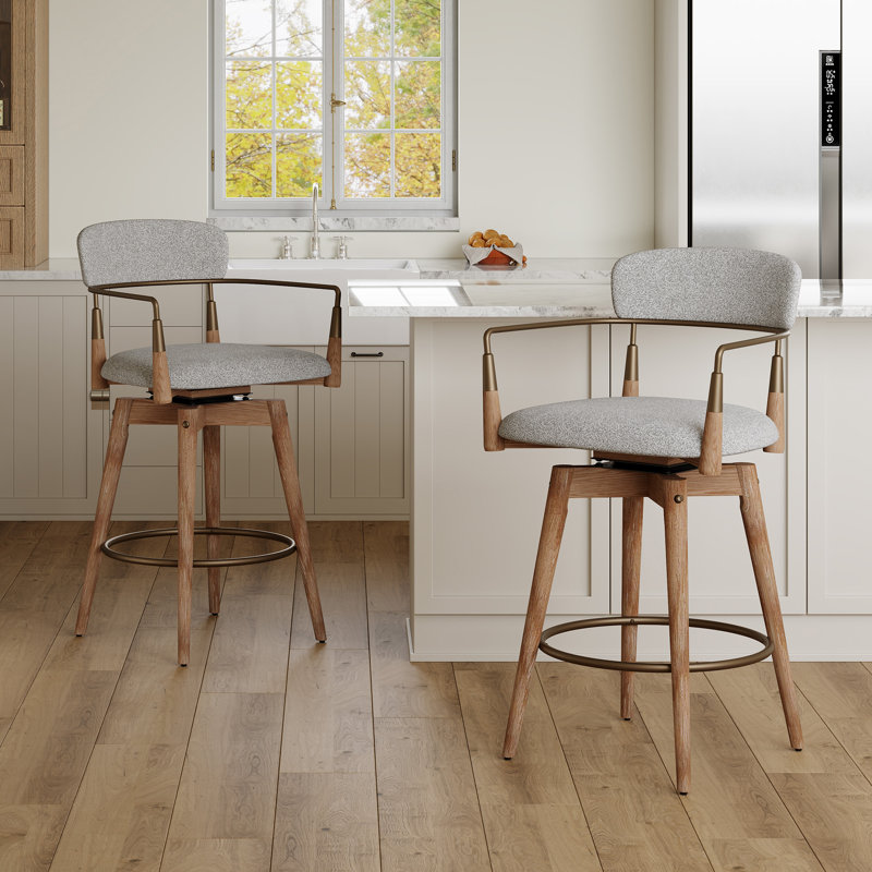 Mid-Century Modern Swivel Counter Stool With Solid Wood Frame, Gray