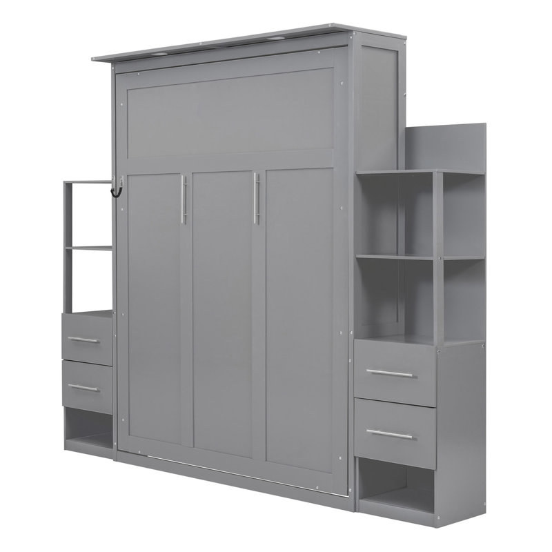 Grand lit escamotable mural avec tablettes, tiroirs et lumières, gris, Gris