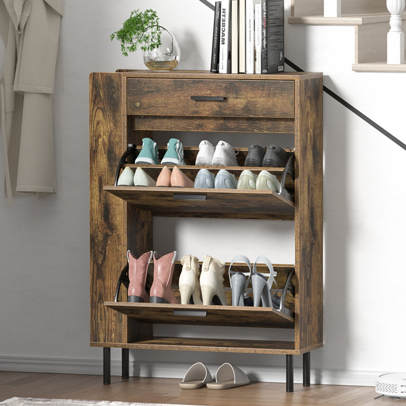 Armoire de rangement pour chaussures avec 2 tiroirs rabattables et tablettes latérales, organisateur de vestibule avec pieds en métal
