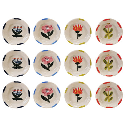 Ensemble de 12 assiettes rondes en grès peintes à la main avec des images de fleurs