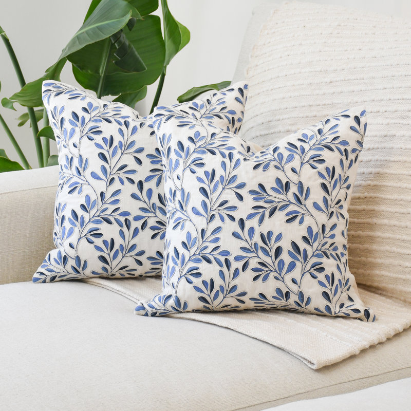 Broderie florale bleue, Bleu, Ensemble 2 pièces, H 20 po x l 20 po