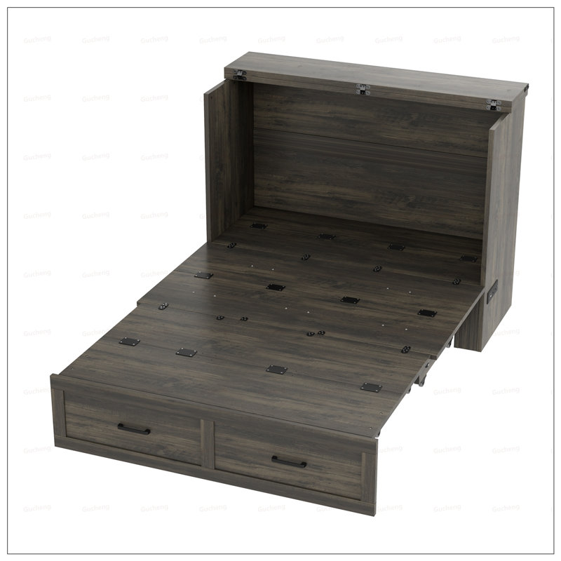 Armoire lit double escamotable Murphy avec station de charge, lit plateforme pliable multifonctionnel avec grand tiroir de rangement pour les chambres d'amis et les petites chambres