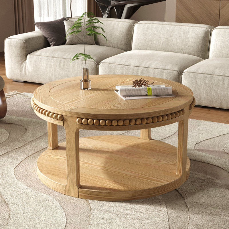 Table basse et canapé 31,5 pouces en bois massif rond - plateau épaissi à deux niveaux, pieds robustes, table circulaire