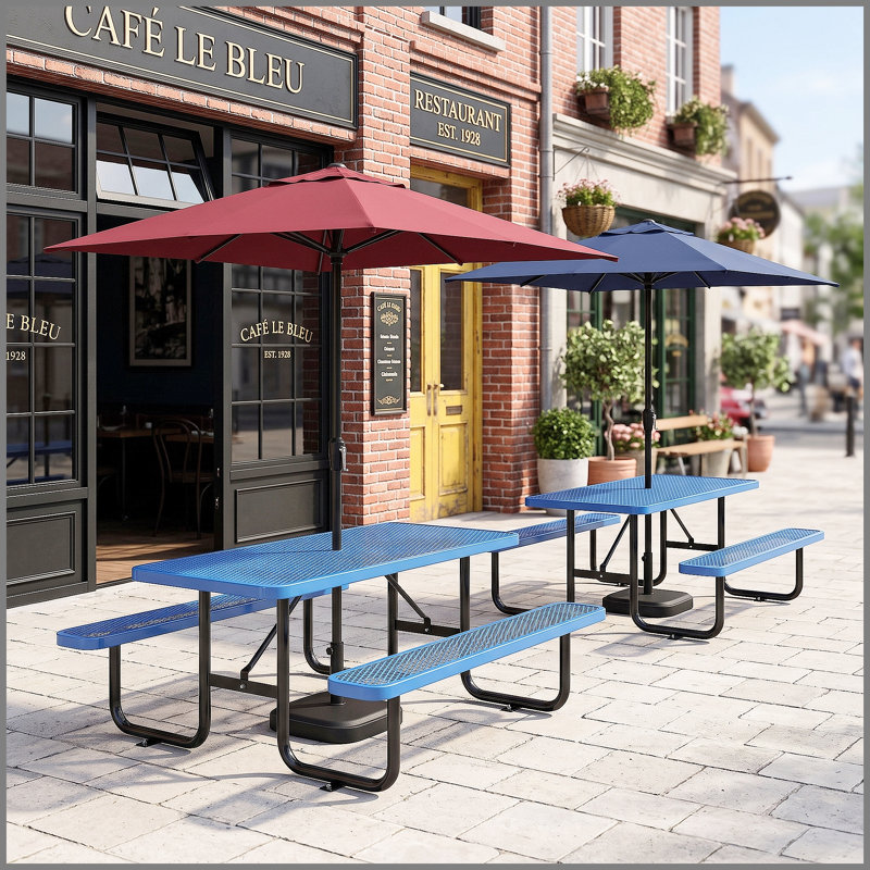 Ensemble de table longue et de chaises bleues avec trou pour parasol 6 pi
