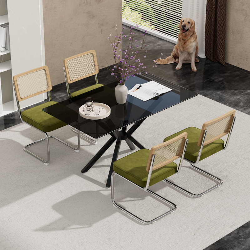 Rectangular Tempered Glass Dining Table Set With Luxury Velvet Rattan Back Upholstered Dining Chairs - Modern Contemporary Small Space Design